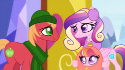 Size: 1280x720 | Tagged: safe, artist:carouselunique, character:big mcintosh, character:princess cadance, oc, oc:honeycrisp blossom, parent:big macintosh, parent:princess cadance, parents:cadmac, ship:cadmac, episode:best gift ever, episode:hearth's warming eve, g4, my little pony: friendship is magic, alternate universe, christmas, christmas ornament, decoration, female, holiday, husband and wife, male, offspring, pegasus cadance, ponyville, scene interpretation, shipping, straight, twilight's castle, what if