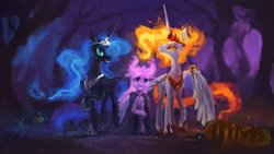 Size: 1920x1080 | Tagged: safe, artist:plainoasis, character:daybreaker, character:nightmare moon, character:princess celestia, character:princess luna, character:twilight sparkle, character:twilight sparkle (alicorn), species:alicorn, species:pony, g4, cape, clothing, crown, digital art, digital painting, ethereal mane, female, floppy ears, full face view, hair over one eye, hoof shoes, jewelry, looking at you, mane of fire, mare, necklace, nightmare night, peytral, profile, raised hoof, regalia, sheepish grin, shoes, three quarter view, trio