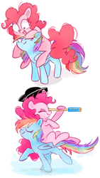 Size: 650x1150 | Tagged: safe, artist:pinkablue, character:pinkie pie, character:rainbow dash, species:pony, ship:pinkiedash, clothing, cute, female, hat, lesbian, mare, pirate hat, shipping