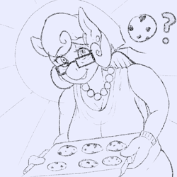 Size: 1000x1000 | Tagged: safe, artist:banbanji, character:posey shy, species:anthro, baking sheet, breasts, busty posey shy, cleavage, clothing, cookie, dress, ear piercing, earring, explicit source, female, food, glasses, jewelry, looking at you, milf, monochrome, necklace, oven mitts, pearl necklace, piercing, question mark, smiling, solo