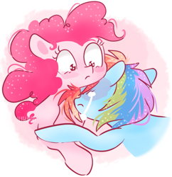 Size: 610x630 | Tagged: safe, artist:pinkablue, character:pinkie pie, character:rainbow dash, species:earth pony, species:pegasus, species:pony, ship:pinkiedash, abstract background, blushing, crying, female, lesbian, lightly watermarked, mare, shipping, signature, teary eyes, watermark