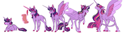 Size: 5500x1500 | Tagged: safe, artist:uunicornicc, character:twilight sparkle, character:twilight sparkle (alicorn), character:twilight sparkle (unicorn), species:alicorn, species:classical unicorn, species:pony, species:unicorn, age progression, cloven hooves, colored hooves, dewclaw, female, leonine tail, magic, mare, prone, simple background, solo, spread wings, telekinesis, ultimate twilight, unshorn fetlocks, white background, wings