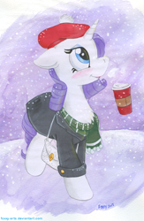 Size: 782x1200 | Tagged: safe, artist:foxxy-arts, character:rarity, species:pony, species:unicorn, blushing, clothing, coffee, female, hat, holiday, mare, painted, purse, scarf, snow, snowfall, solo