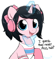 Size: 4275x4537 | Tagged: safe, artist:moozua, oc, oc only, species:pony, species:unicorn, absurd resolution, bow, clothing, cute, female, hair bow, hand, headphones, hit or miss, love live! school idol project, magic, magic aura, magic hands, mare, meme, nico yazawa, pigtails, ponified, shirt, simple background, solo, tik tok, twintails, white background