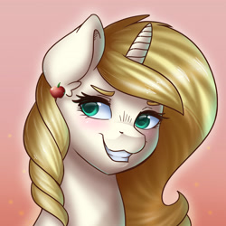 Size: 3543x3543 | Tagged: safe, artist:pitchyy, oc, oc only, oc:passion fruit, species:pony, species:unicorn, ear piercing, earring, grin, jewelry, piercing, smiling, solo