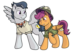 Size: 926x666 | Tagged: safe, artist:moonlightfan, character:daring do, character:doctor caballeron, character:rumble, character:scootaloo, species:pegasus, species:pony, ship:rumbloo, clothing, commission, cosplay, costume, fake cutie mark, female, hat, male, shipping, straight