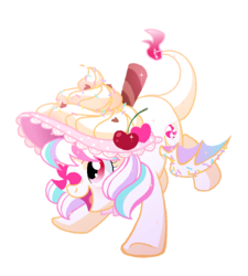 Size: 800x889 | Tagged: safe, artist:yokokinawa, oc, oc:magic sprinkles, augmented tail, bat wings, candy, cherry, chocolate, clothing, food, hat, heart, patch, sparkles, sprinkles, wings, witch hat