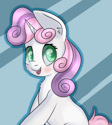 Size: 1332x1484 | Tagged: safe, artist:brok-enwings, character:sweetie belle, species:pony, species:unicorn, blushing, cheek fluff, chest fluff, cute, diasweetes, ear fluff, female, filly, simple background, sitting, smiling, solo
