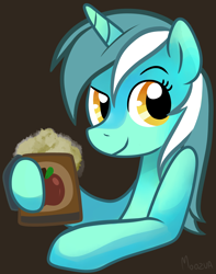 Size: 1850x2347 | Tagged: safe, artist:moozua, character:lyra heartstrings, species:pony, species:unicorn, brown background, cider, cup, female, mug, simple background, smiling, solo