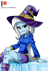 Size: 823x1200 | Tagged: safe, artist:nekojackun, artist:twilite-sparkleplz, character:trixie, my little pony:equestria girls, beautiful, clothing, collaboration, crossed legs, cute, female, hat, hoodie, legs, looking at you, miniskirt, patreon, patreon logo, sitting, skirt, solo, trixie's hat
