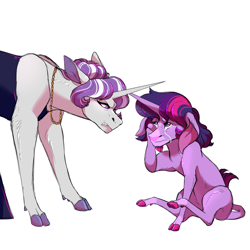 Size: 3000x3000 | Tagged: safe, artist:uunicornicc, character:twilight sparkle, character:twilight sparkle (unicorn), character:twilight velvet, species:classical unicorn, species:pony, species:unicorn, abuse, angry, bojack horseman, cloven hooves, colored hooves, crying, female, filly, leonine tail, mother and daughter, out of character, reference, simple background, story in the source, unshorn fetlocks, white background