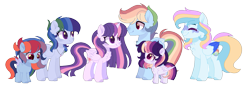 Size: 1461x510 | Tagged: safe, artist:moon-rose-rosie, character:rainbow dash, character:twilight sparkle, character:twilight sparkle (alicorn), oc, oc:celestial moon, oc:color sprinkle bean, oc:magic flight, oc:sparkle dash, parent:rainbow dash, parent:twilight sparkle, parents:twidash, species:alicorn, species:pony, ship:twidash, chest fluff, female, half r63 shipping, male, offspring, parents:twiblitz, rainbow blitz, shipping, simple background, straight, trans male, transgender, transparent background, twiblitz