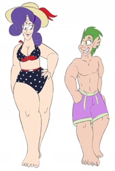 Size: 1449x2148 | Tagged: safe, artist:catstuxedo, character:rarity, character:spike, species:human, blue swimsuit, clothing, green hair, hand on hip, hat, high waisted bikini, humanized, polka dot swimsuit, purple swimsuit, swimsuit