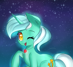 Size: 1782x1642 | Tagged: safe, artist:brok-enwings, character:lyra heartstrings, species:pony, species:unicorn, cute, female, heart, jewelry, lyrabetes, mare, necklace, one eye closed, open mouth, solo, starry night, stars