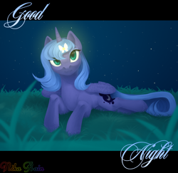 Size: 3000x2910 | Tagged: safe, artist:nika-rain, character:princess luna, species:alicorn, species:pony, butterfly, female, grass, looking at you, mare, night, prone, s1 luna, solo