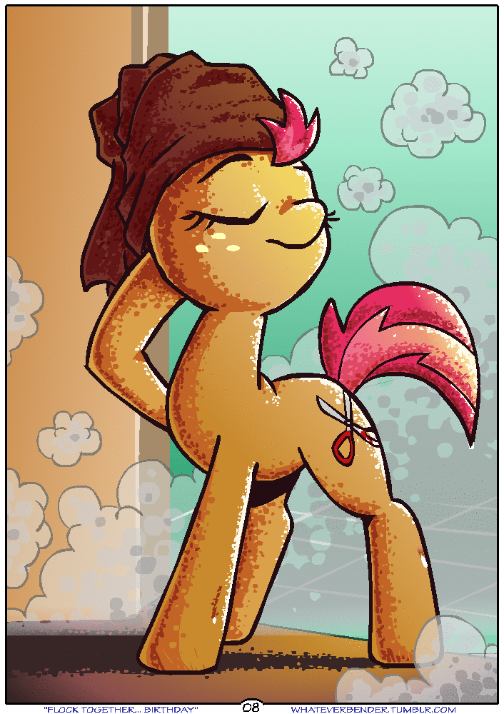 Size: 706x1000 | Tagged: safe, artist:whateverbender, character:babs seed, species:pony, comic:flock together birthday, animated, comic, dripping, drunker babs, explicit series, explicit source, female, foal, frame by frame, gif, solo, squigglevision, steam, texture dither, towel