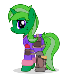 Size: 1219x1458 | Tagged: safe, artist:limedreaming, oc, oc only, oc:lime dream, species:pony, species:unicorn, fallout equestria, backpack, clothing, collar, female, freckles, gun, jumpsuit, looking at you, older, saddle bag, simple background, smiley face, sparkle cola, transparent background, weapon