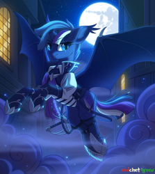 Size: 1300x1456 | Tagged: safe, artist:redchetgreen, oc, oc only, oc:midnight hope, species:alicorn, species:bat pony, species:pony, armor, backlighting, bat pony alicorn, bat pony oc, bat wings, broken horn, clothing, commission, cute, cute little fangs, ear fluff, eye scar, fangs, female, flying, full moon, horn, looking at you, mare, mare in the moon, mist, moon, night, night sky, scar, sky, slit eyes, smiling, solo, spread wings, starry eyes, urban, window, wing claws, wingding eyes, wings, ych result