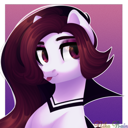 Size: 3000x3000 | Tagged: safe, artist:nika-rain, oc, oc only, species:earth pony, species:pony, abstract background, ambiguous gender, brown eyes, brown hair, bust, cape, clothing, commission, cute, cute little fangs, eyeshadow, fangs, lightly watermarked, makeup, partial background, portrait, simple background, solo, tongue out, transparent background, watermark