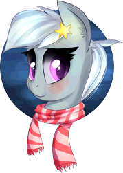 Size: 1280x1792 | Tagged: safe, artist:brok-enwings, character:silverspeed, species:pony, accessories, background pony, blushing, clothing, female, hair accessory, head, scarf, simple background, smiling, solo