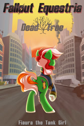 Size: 1440x2160 | Tagged: safe, artist:lostinthetrees, oc, oc:wandering sunrise, species:pony, fallout equestria, apocalypse, background pony, book, book cover, building, clothing, cover, cutie mark, dead tree, destruction, fallout, fallout equestria: dead tree, fiaura, foe yay, past and present, pipbuck, publish, rubble, solo, stable, stable-tec, standing, street, tabletop gaming, text, the tank girl, tree, two toned mane, two toned tail, vault suit, wandering sunrise, wasteland