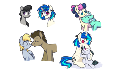 Size: 1261x803 | Tagged: safe, artist:yaaaco, character:bon bon, character:derpy hooves, character:dj pon-3, character:doctor whooves, character:lyra heartstrings, character:octavia melody, character:sweetie drops, character:time turner, character:vinyl scratch, oc, parent:octavia melody, parent:vinyl scratch, parents:scratchtavia, species:earth pony, species:pegasus, species:pony, species:unicorn, ship:doctorderpy, ship:lyrabon, female, headcanon, lesbian, magical lesbian spawn, male, next generation, offspring, shipping, straight