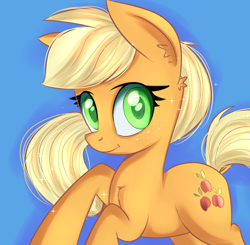 Size: 1186x1164 | Tagged: safe, artist:brok-enwings, character:applejack, species:earth pony, species:pony, female, hatless, looking at you, mare, missing accessory, solo