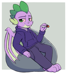 Size: 1518x1637 | Tagged: safe, artist:moozua, character:spike, species:anthro, species:dragon, barefoot, beanbag chair, blep, bloodshot eyes, clothing, drugs, feet, hoodie, looking at you, male, marijuana, older, older spike, silly, solo, stoner spike, teenage spike, teenager, tongue out, winged spike, wings