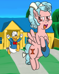 Size: 2400x3000 | Tagged: safe, artist:saburodaimando, character:cozy glow, species:pegasus, species:pony, angry, clothing, disney, donald duck, flying, hat, stealing