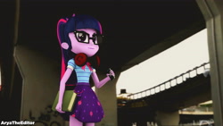 Size: 4208x2367 | Tagged: safe, artist:aryatheeditor, character:twilight sparkle, character:twilight sparkle (scitwi), species:eqg human, g4, my little pony: equestria girls, my little pony:equestria girls, 3d, absurd resolution, book, bow tie, cellphone, clothing, female, glasses, headphones, highway, phone, ponytail, skirt, smartphone, solo, source filmmaker