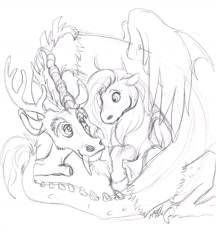Size: 1240x1435 | Tagged: safe, artist:carnivorouscaribou, character:discord, character:fluttershy, species:draconequus, species:pegasus, species:pony, duo, female, looking at each other, male, monochrome, raised hoof, sitting, sketch, traditional art, unshorn fetlocks