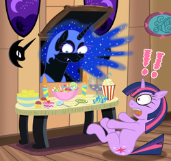 Size: 1088x1024 | Tagged: safe, artist:wangkingfun, character:nightmare moon, character:princess luna, character:twilight sparkle, character:twilight sparkle (unicorn), species:alicorn, species:pony, species:unicorn, candle, candy, ethereal mane, exclamation point, female, food, frame, galaxy mane, lemon, lollipop, mare, nightmare night, popcorn, startled, surprised