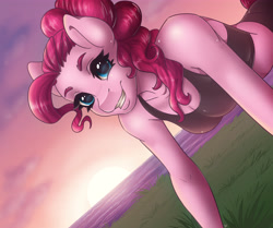 Size: 4724x3942 | Tagged: safe, artist:pitchyy, character:pinkie pie, species:anthro, breasts, busty pinkie pie, cleavage, clothing, female, looking at you, smiling, solo, sunset