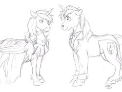 Size: 1167x881 | Tagged: safe, artist:carnivorouscaribou, character:princess cadance, character:shining armor, species:pony, ship:shiningcadance, clothing, dress, female, male, monochrome, shipping, sketch, straight, suit, traditional art