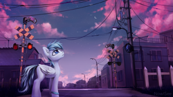 Size: 3840x2160 | Tagged: safe, artist:inowiseei, oc, oc only, oc:lonepegasus, species:pegasus, species:pony, arm band, city, cloud, commission, crescent moon, ear fluff, fence, house, japan, japanese, lamppost, looking up, male, mirror, moon, railroad crossing, sky, solo, stars, streetlight, telephone pole, twilight (astronomy)