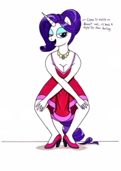 Size: 2468x3492 | Tagged: safe, artist:killerteddybear94, character:rarity, species:anthro, species:pony, species:unicorn, beautisexy, breasts, charleston, cleavage, clothing, dancing, dancity, dialogue, dress, eyes half closed, eyeshadow, female, hair bun, jewelry, looking at you, makeup, mare, necklace, open mouth, seductive look, shoes, smiling, talking to viewer, traditional art