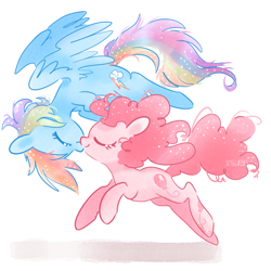 Size: 1000x1000 | Tagged: safe, artist:pinkablue, character:pinkie pie, character:rainbow dash, species:earth pony, species:pegasus, species:pony, ship:pinkiedash, eyes closed, female, flying, jumping, kissing, lesbian, mare, running, shipping, signature, simple background, upside down, upside down kiss, white background