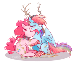 Size: 1000x900 | Tagged: safe, artist:pinkablue, character:pinkie pie, character:rainbow dash, species:earth pony, species:pegasus, species:pony, ship:pinkiedash, antlers, blush sticker, blushing, clothing, eyes closed, female, holding hooves, holly, lesbian, mare, nuzzling, one eye closed, reindeer antlers, reindeer dash, shipping, signature, simple background, sitting, socks, white background