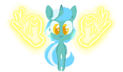 Size: 1280x755 | Tagged: safe, artist:whale, character:lyra heartstrings, species:pony, species:unicorn, :>, cute, ear fluff, female, glow, hand, looking at you, lyra doing lyra things, lyrabetes, magic, magic aura, magic hands, mare, simple background, smiling, solo, transparent background, 👌