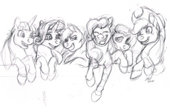 Size: 1280x801 | Tagged: safe, artist:carnivorouscaribou, character:applejack, character:fluttershy, character:pinkie pie, character:rainbow dash, character:rarity, character:twilight sparkle, species:pony, mane six, monochrome, sketch, traditional art