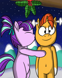 Size: 2400x3000 | Tagged: safe, artist:saburodaimando, character:starlight glimmer, character:sunburst, species:pony, ship:starburst, episode:hearth's warming eve, g4, my little pony: friendship is magic, belly button, bipedal, colt, colt sunburst, ear steam, female, filly, filly starlight glimmer, holly, holly mistaken for mistletoe, kissing, male, shipping, snow, steam, straight, winter, younger