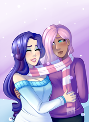 Size: 1200x1646 | Tagged: safe, artist:emberfan11, character:fluttershy, character:rarity, species:human, ship:rarishy, breasts, cleavage, clothing, eyes closed, female, humanized, lesbian, moderate dark skin, scarf, shared clothing, shared scarf, shipping, smiling, snow, snowfall, sweater