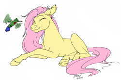 Size: 1045x693 | Tagged: safe, artist:carnivorouscaribou, character:fluttershy, species:pony, eyes closed, female, hummingbird, prone, simple background, smiling, solo, underhoof, white background, wingless, younger