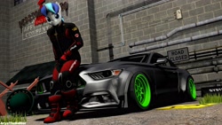 Size: 4208x2367 | Tagged: safe, artist:aryatheeditor, character:shining armor, species:anthro, species:human, 3d, car, ford, ford mustang, gears, humanized, mustang, photo, photography, photoshop, race, racecar, racer, source filmmaker, stance, warehouse
