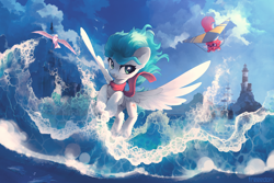 Size: 3000x2000 | Tagged: safe, artist:freeedon, oc, oc only, oc:cynosura, oc:katie, species:pegasus, species:pony, species:seagull, clothing, cloud, digital art, duo, female, flying, high res, mare, non-pony oc, ocean, scarf, signature, sky, smiling, smirk, spread wings, surfing, water, wings