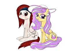 Size: 3504x2488 | Tagged: safe, artist:killerteddybear94, edit, oc, oc only, oc:galestorm, oc:vanilla pearl, species:pegasus, species:pony, bandana, clothing, cutie mark, ear piercing, earring, female, hat, jewelry, looking at you, male, mare, necklace, pearl necklace, piercing, simple background, sitting, smiling, stallion, sun hat, traditional art, transparent background
