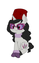 Size: 721x1149 | Tagged: safe, artist:obeliskgirljohanny, oc, oc only, oc:seraphim cyanne, species:pony, species:unicorn, 2019 community collab, derpibooru community collaboration, boots, clothing, faux fur, female, fur hat, glasses, gloves, hat, looking at you, mare, scarf, shoes, simple background, sitting, smiling, solo, transparent background