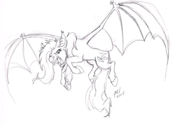Size: 1280x923 | Tagged: safe, artist:carnivorouscaribou, character:flutterbat, character:fluttershy, species:bat pony, species:pony, bat ponified, bat wings, female, flying, hissing, looking at you, menacing, monochrome, open mouth, race swap, solo, spread wings, traditional art, wings