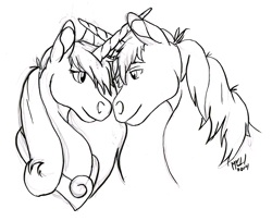 Size: 977x793 | Tagged: safe, artist:carnivorouscaribou, character:princess cadance, character:shining armor, species:pony, ship:shiningcadance, bust, female, horns are touching, inked, male, portrait, shipping, straight, traditional art