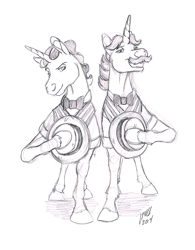 Size: 838x1075 | Tagged: safe, artist:carnivorouscaribou, character:flam, character:flim, species:pony, species:unicorn, bow tie, brothers, duo, flim flam brothers, male, monochrome, realistic horse legs, sketch, stallion, traditional art, twins